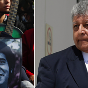 En kvinna håller en bild av Victor Jara. Pedro Barrientos Nuñez till höger.