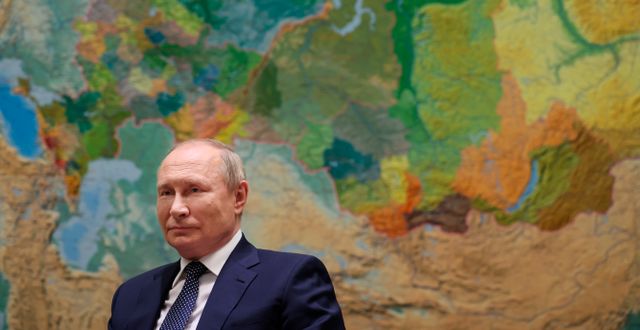 Vladimir Putin framför en karta. Mikhail Klimentyev / AP
