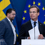 Sverigedemokraternas partiledare Jimmie Åkesson och Ulf Kristersson (M). Arkivbild. 