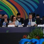 Brasiliens finansminister Fernando Haddad talar under G20-mötet i Sao Paulo, Brasilien, den 29 februari 2024.