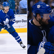 William Nylander/Morgan Rielly gratulerar en jublande Mitch Marner under förra säsongen