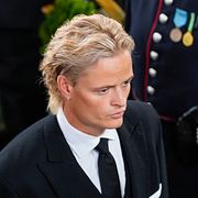 Kronprinsessans son Marius Borg Høiby på norska kung Haralds begravning.