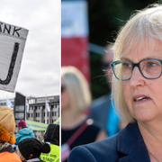 Demonstranter vid bygget av Västlänken/Trafikverkets generaldirektör Lena Erixon.