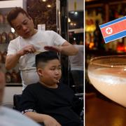 Två personer får sina frisyrer fixade för att likna Trump och Kim / Drink med USA:s och Nordkoreas flagga. 