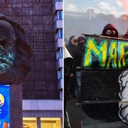 Konstverk i Chemnitz i östra Tyskland som hette Karl-Marx-Stadt fram till murens fall. Demonstrationer i Frankrike under 1 maj. 