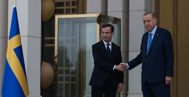 Statsminister Ulf Kristersson och president Recep Tayyip Erdogan. Burhan Ozbilici / AP