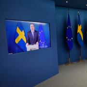 Statsminister Stefan Löfven och arbetsmarknadsminister Eva Nordmark håller pressträff.