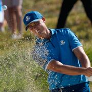 Ludvig Åberg tränar på Marco Simone Golf Club i Guidonia Montecelio i Italien.