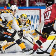  Malmö Redhawks Robin Alvarez pressar in kvitteringen, 4-4 bakom Skellefteås Emil Djuse och målvakt Joni Ortio under tisdagens ishockeymatch i SHL mellan Malmö Redhawks och Skellefteå AIK i Malmö Arena.