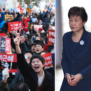 Vänster: Demonstranter firar när beskedet om riksrätt kom. Till höger:  Park Geun-Hye i handfängsel. 