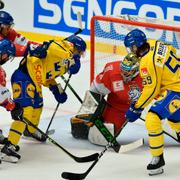 Tjeckiska målvakten Marek Langhamer och Sveriges Linus Johansson