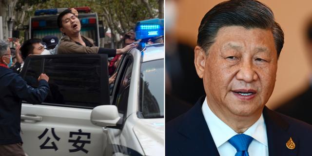 Demonstrant först bort av polis i Shanghai 27 nov. President Xi Jinping. AP/TT