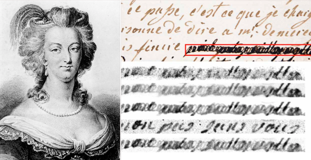 Porträtt av Marie Antoinette samt utdrag från ett brev mellan henne och Axel von Fersen.  