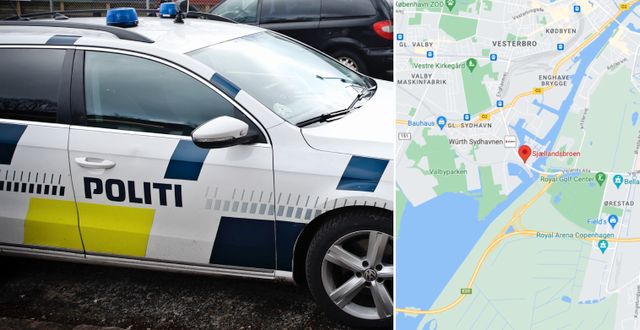 En dansk polisbil och karta som visar Själlandsbron, där skotten avlossades. TT / Google