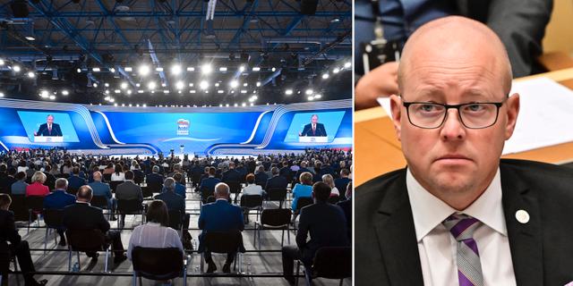 Putin talar under Enade Rysslands partikongress 2021/Björn Söder. TT
