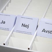 Valsedlar med alternativen ja, nej och avstår i vallokalen i  Rådhuset i Karlshamn .