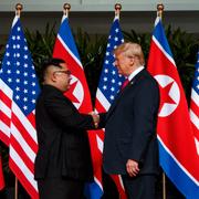 Kim Jong-Un och Donald Trump skakar händer under ett möte 2018. 