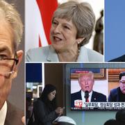 Arkivbilder: Fed.chefen Powell, Theresa May, ECB-chefen Draghi, Trump och Kim.