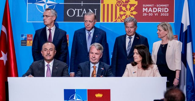 Representanter för Nato, Sverige, Finland och Turkiet när det gemensamma avtalet skrevs under i somras.  Bernat Armangue / AP