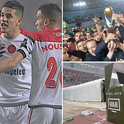 Wydadspelarna i diskussion med domaren/Esperance firar segern/VAR-systemet