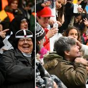 Publiken tar emot påven på Swedbank stadion.