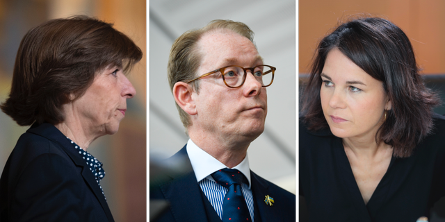 Utrikesministrarna i Frankrike, Sverige och Tyskland: Catherine Colonna, Tobias Billström (M) och Annalena Baerbock. TT