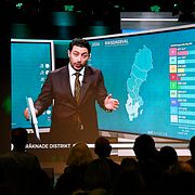 Centerpartister på valvalakn ser på när SVT:s programledare Fouad går igenom de senaste röstsiffrorna.