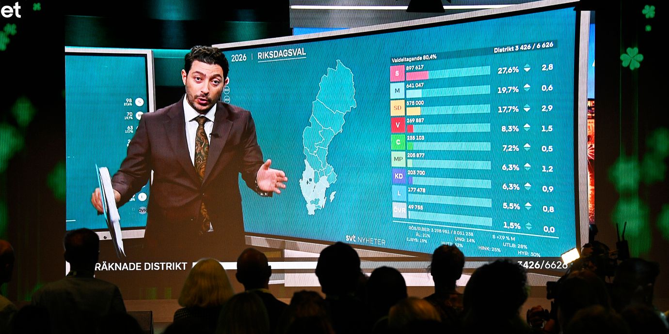 Centerpartister på valvalakn ser på när SVT:s programledare Fouad går igenom de senaste röstsiffrorna.