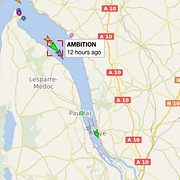 Fartygets nuvarande position vid inloppet till Bordeaux i västra Frankrike.