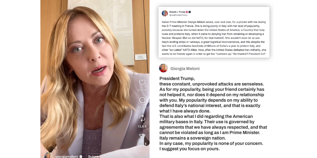 I två olika inlägg har Meloni rasat mot Trumps påståenden om att hon velat bli fotograferad med honom under G7-mötet.