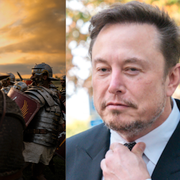 Re-enactment av romerska slag i Rumänien 2022, flankeras av Zuckerbeg och Musk.