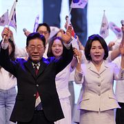 Presidenten Lee Jae Myung i samband med ett firande av frihetsdagen.