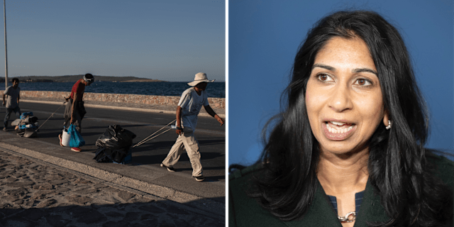 Flyktingar på den grekiska ön Lesbos / Storbritanniens inrikesminister Suella Braverman. TT.