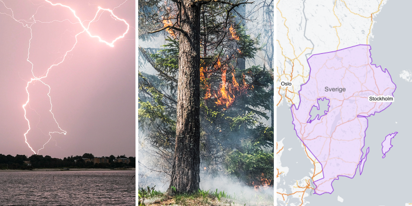 Blixtnedslag kan leda till skogsbränder, varnar SMHI. En varning har utfärdats för nästan hela södra Sverige som gäller under måndagen.