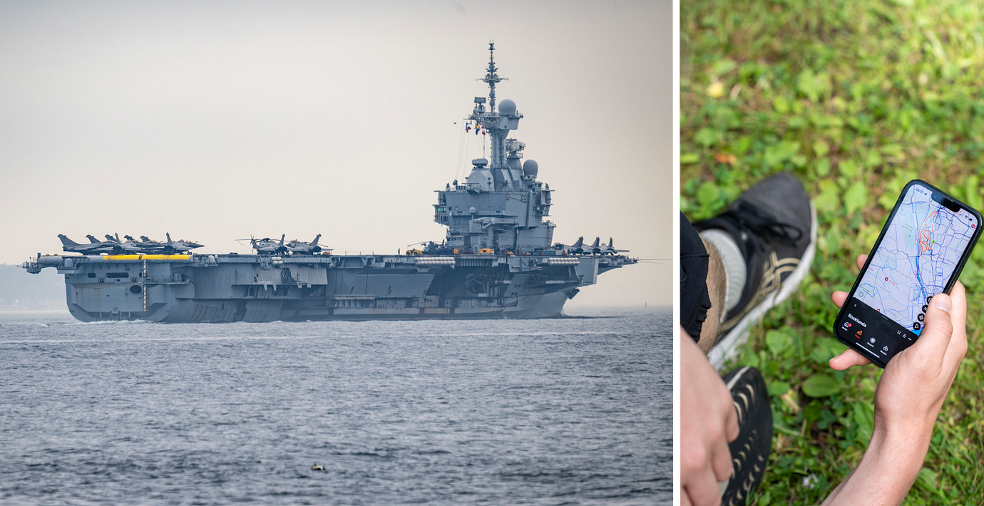 Franska Charles de Gaulle i svenskt vatten tidigare i år/ Träningsappen strava.