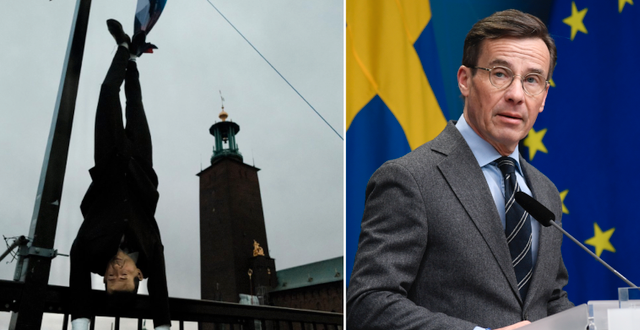 Erdogandockan som hänger utanför Stockholms stadshus/Statsminister Ulf Kristersson (M). Rojavakommittéerna/TT