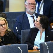 Utrikesminister Maria Malmer Stenergard (M) sneglar upp mot åhörarläktaren.