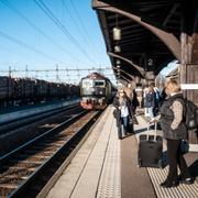 Godståg med timmer och ett persontåg från SJ som rullar in på Avesta Krylbo station.