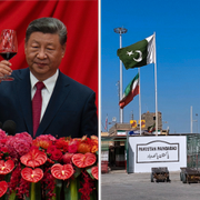 Arkivbild på Kinas president Xi Jinping och på oljelastbilar på väg in i Iran.