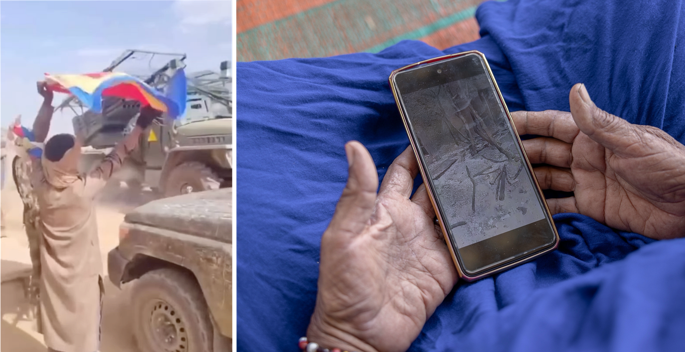 Till vänster en stillbild från ett videoklipp som uppges visa Tuaregseparatister som firar samtidigt som ryska soldater lämnar militärbasen i Kidal. Till höger en flykting från Mali som visar en bild av marknaden i hennes hemby, som brändes ned av ryska Afrikakåren.