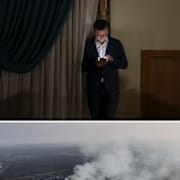 Putin/ukrainske utrikesministern Kuleba/vy över Bachmut.  TT