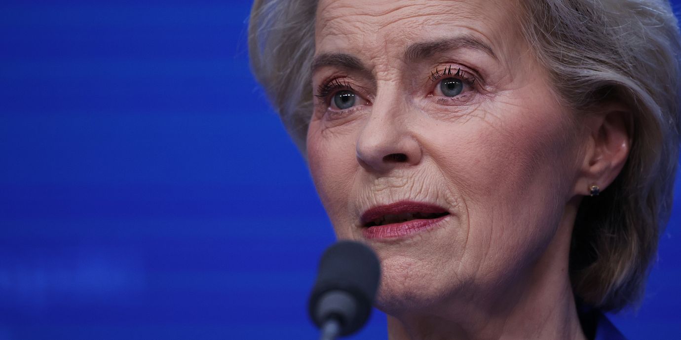 Ursula von der Leyen på tisdagens presskonferens. 