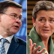 Valdis Dombrovskis, Margrethe Vestager och Elisa Ferreira.