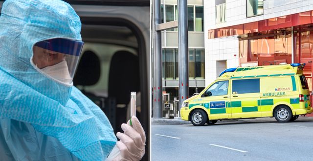 En ambulanssjukvårdare visar upp ett provtagningskit/Ambulans i Stockholm. Illustrationsbilder. TT