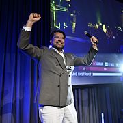 Sverigedemokraternas partiledare Jimmie Åkesson under partiets valvaka.