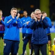 Förbundskapten Janne Andersson och dåvarande assisterande Peter Wettergren tackas av efter en EM-kvalmatch i fotboll mellan Sverige och Estland på Friends Arena i Stockholm.