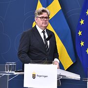 Gunnar Strömmer (M), justitieminister, under en pressträff där de presenterar förslag som utgör den andra delen i regeringens straffreform. 