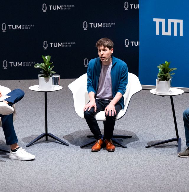  From left, professor of machine learning at the Department of Computer Engineering at TUM Reinhard Heckel, CEO of OpenAI and inventor of the AI software chatGPT Sam Altman, and AI security researcher at OpenAI Johannes Heidecke participate in a panel discussion at the Technical University of Munich (TUM), Germany, Thursday May 25, 2023. Sven Hoppe / AP