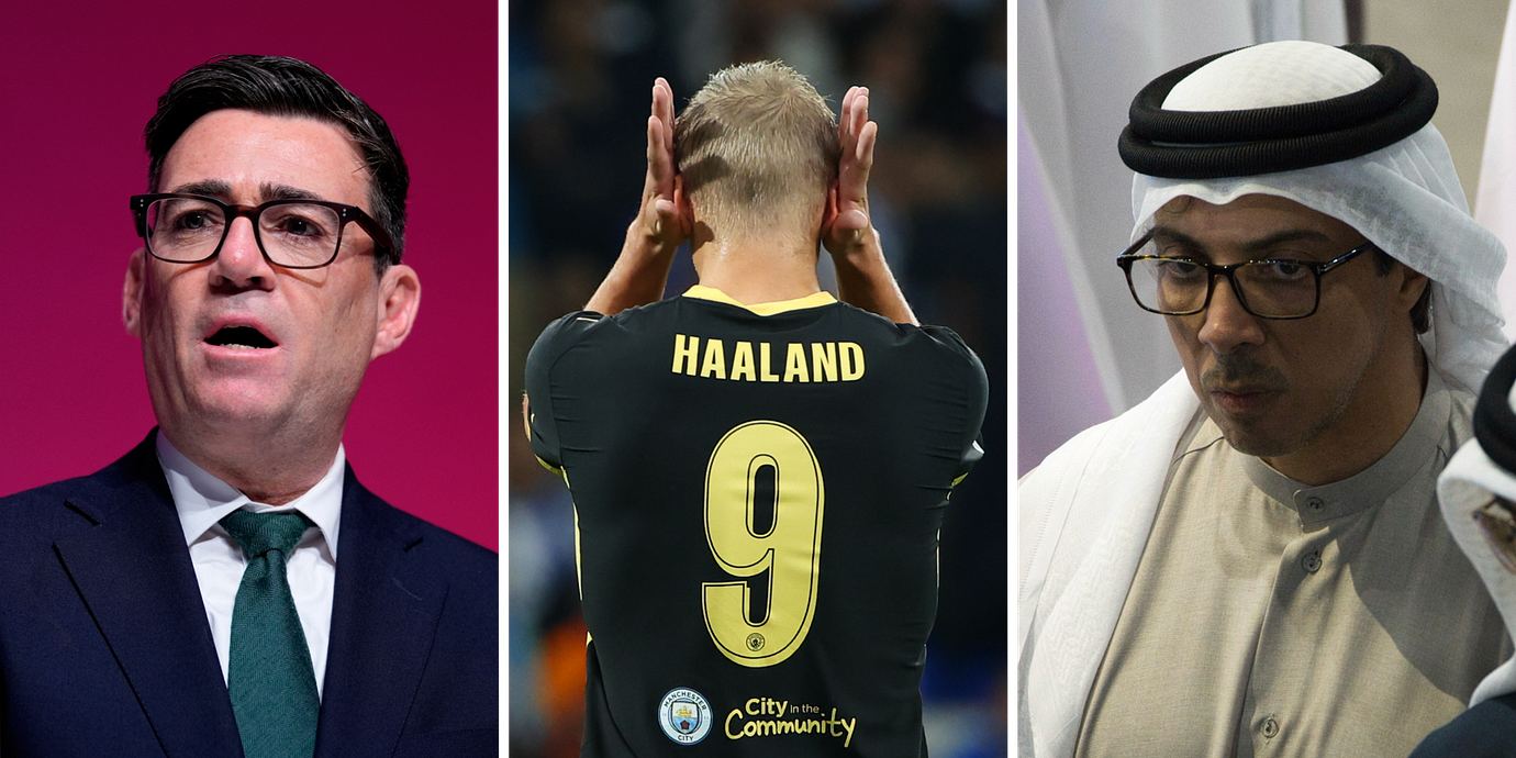 Brittiske premiärministern Andy Burnham, Manchester City-stjärnan Erling Haaland och klubbens de facto ägare shejk Mansour bin Zayed al-Nahyan.