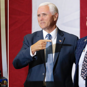 Mike Pence pekar på Buzz Aldrin i samband med dagens framträdande.